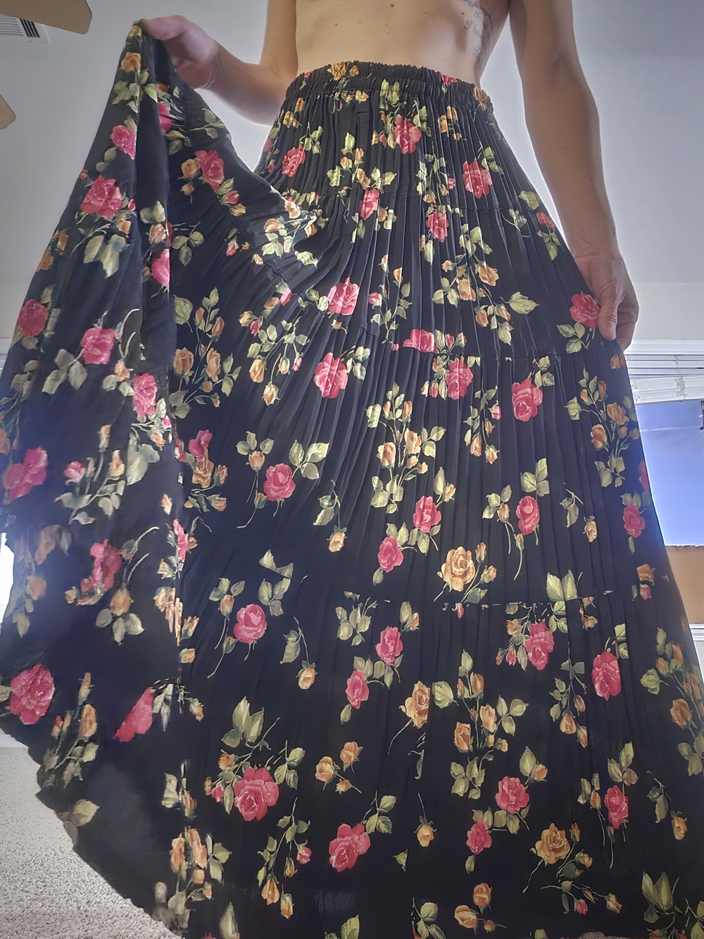 Pleated Flowy Black Floral Maxi Skirt - Pink & Yellow Rose Print